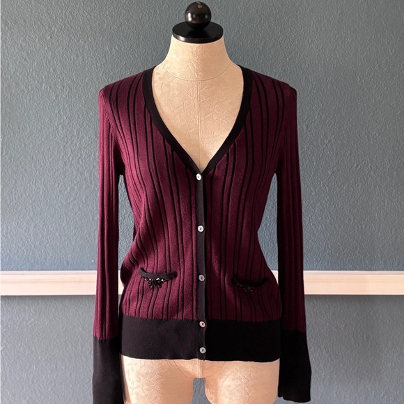 Simply Vera Vera Wang Sweaters - Burgundy and Black Simply Vera Embellished Cardigan by Vera Wang